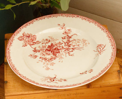 FONTANGES Sarreguemines French Antique Ironstone Red Transferware Round Serving Piece Terre de Fer en Faience