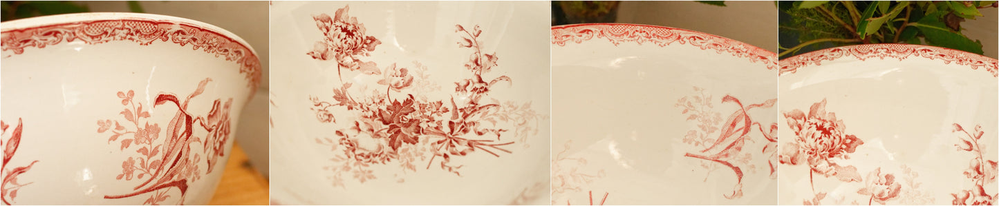 1900s ~ "FONTANGES" Sarreguemines ~ French Antique Ironstone Red Transferware Round Serving Piece ~ Terre de Fer en Faience