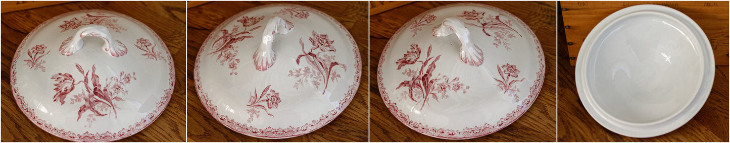 1920s ~ "FONTANGES" SARREGUEMINES U&C ~ French Antique Ironstone Red Transferware Larger Soup Tureen "Soupiere" ~ Terre de Fer Faience 2