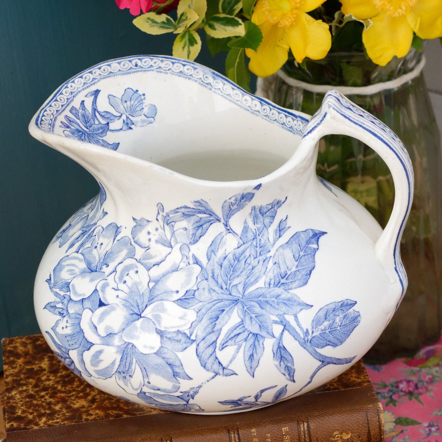 Faienceries D'Onnaing NORD French Antique Collectible Ironstone Blue Transferware Bathroom Pitcher "BROC" Terre de fer en Faience