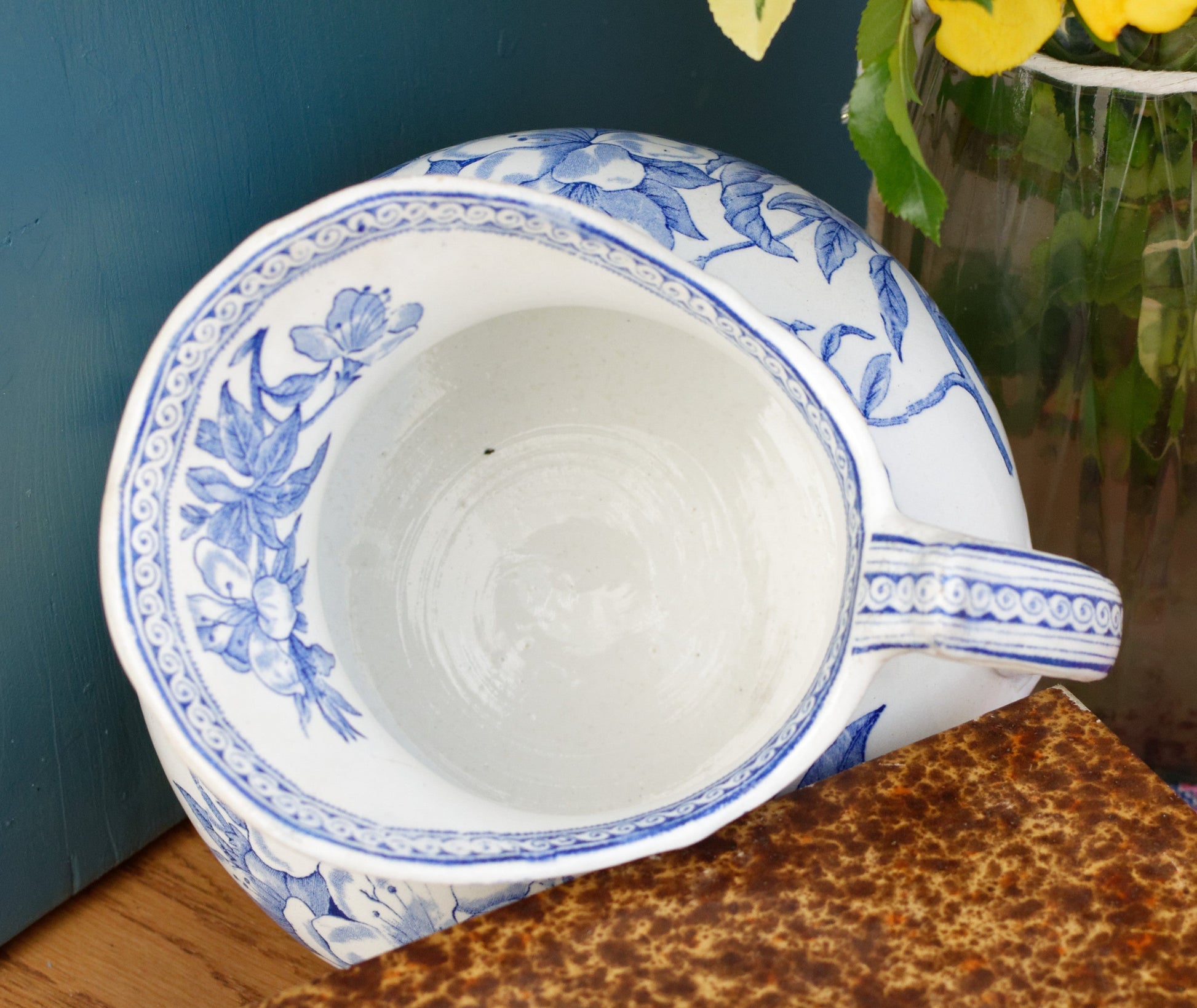 Faienceries D'Onnaing NORD French Antique Collectible Ironstone Blue Transferware Bathroom Pitcher "BROC" Terre de fer en Faience