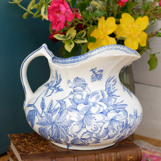 Faienceries D'Onnaing NORD French Antique Collectible Ironstone Blue Transferware Bathroom Pitcher "BROC" Terre de fer en Faience