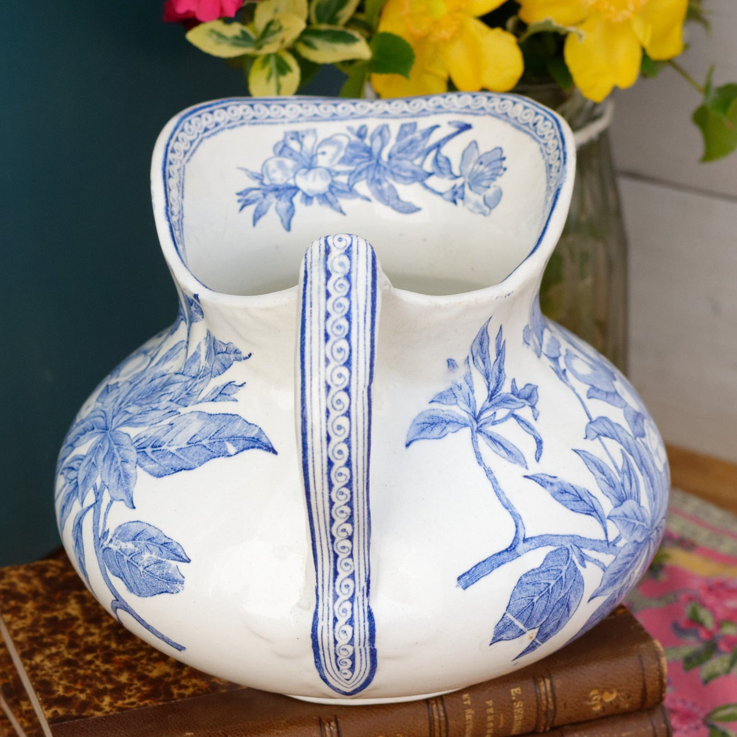 Faienceries D'Onnaing NORD French Antique Collectible Ironstone Blue Transferware Bathroom Pitcher "BROC" Terre de fer en Faience