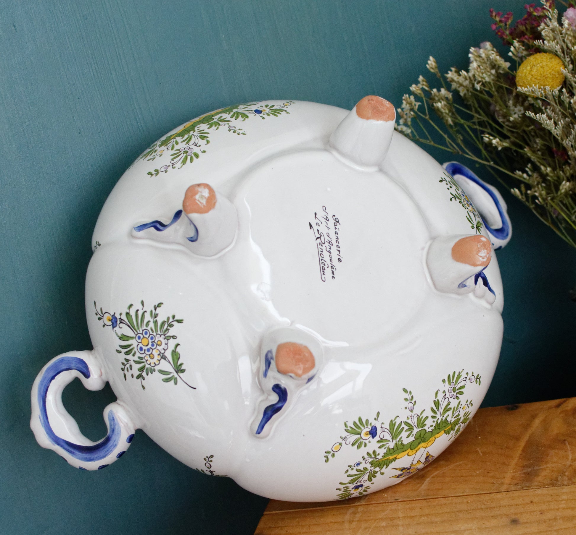 Faiencerie L'Art D'Angouleme Le Renoleau French Vintage Faience Hand-Painted Collectible Earthenware Covered Soup Tureen Soupiere Vegetable Dish Légumière  Terre de Fer Faience
