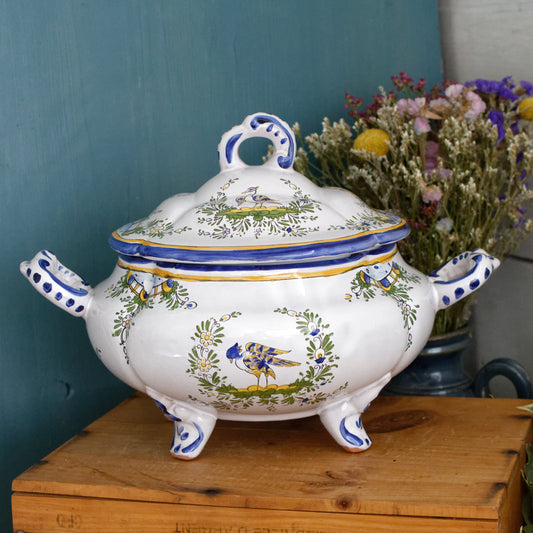 Faiencerie L'Art D'Angouleme Le Renoleau French Vintage Faience Hand-Painted Collectible Earthenware Covered Soup Tureen Soupiere Vegetable Dish Légumière  Terre de Fer Faience