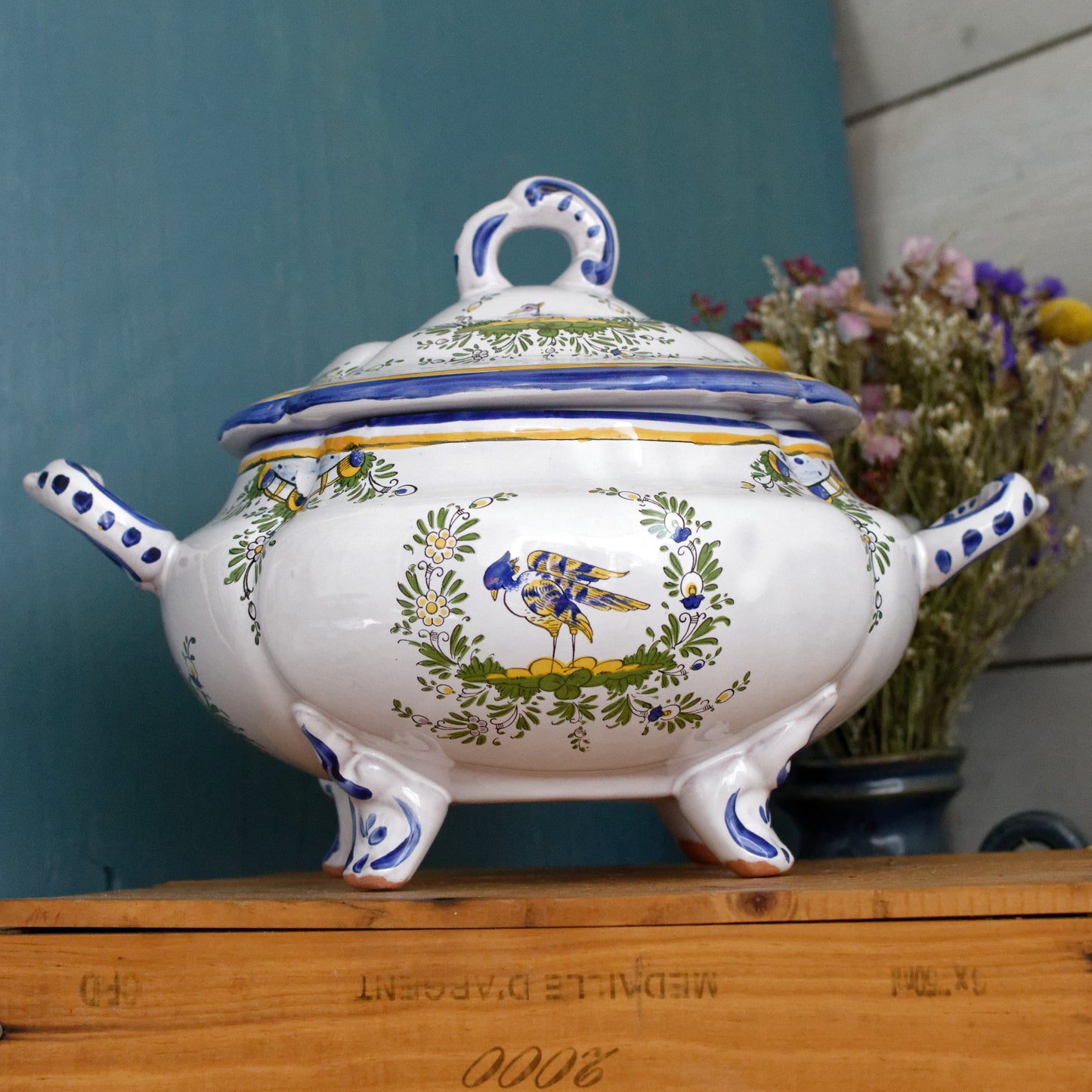 Faiencerie L'Art D'Angouleme Le Renoleau French Vintage Faience Hand-Painted Collectible Earthenware Covered Soup Tureen Soupiere Vegetable Dish Légumière  Terre de Fer Faience