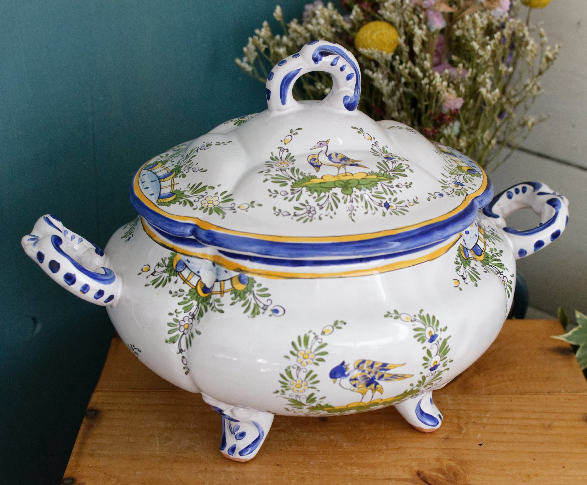 Faiencerie L'Art D'Angouleme Le Renoleau French Vintage Faience Hand-Painted Collectible Earthenware Covered Soup Tureen Soupiere Vegetable Dish Légumière  Terre de Fer Faience