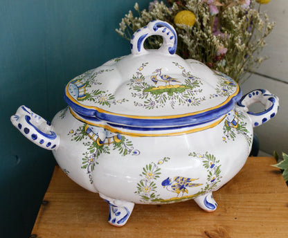 Faiencerie L'Art D'Angouleme Le Renoleau French Vintage Faience Hand-Painted Collectible Earthenware Covered Soup Tureen Soupiere Vegetable Dish Légumière  Terre de Fer Faience