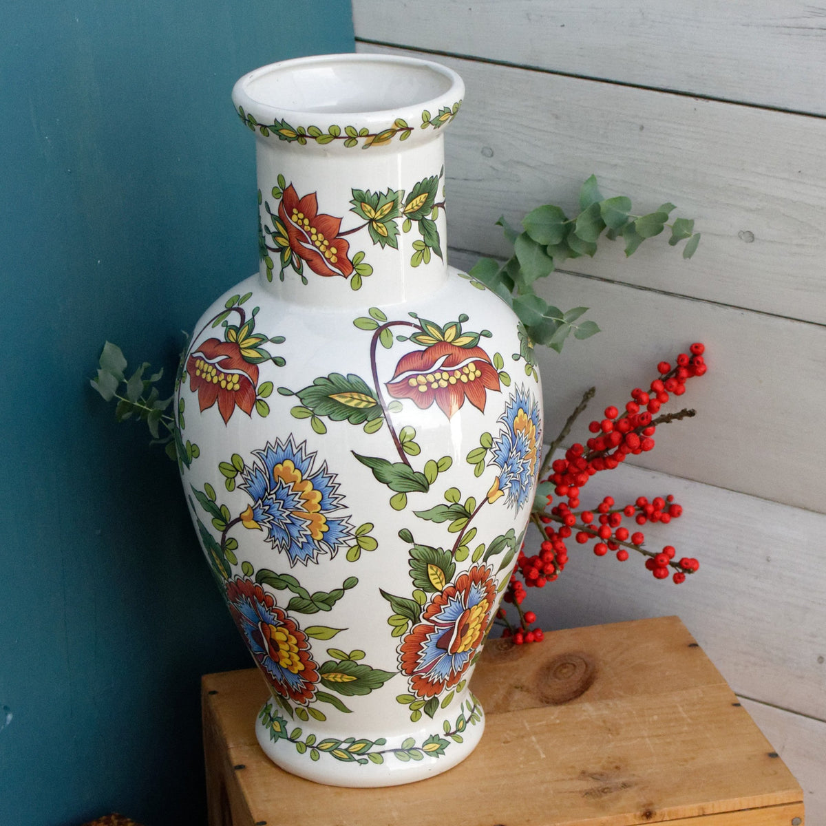 French Vintage Large Ceramic Hand-Painted Floral Polychrome Vase ~ Boc – FRENCH VINTAGE TRÉSOR