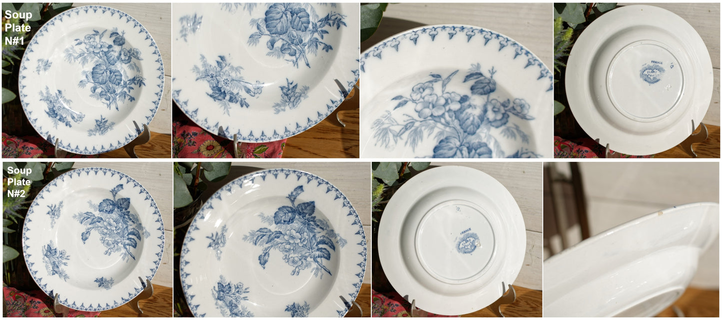 FLORE Sarreguemines U&C French Antique Ironstone Blue Transferware Soup Plate Terre de Fer