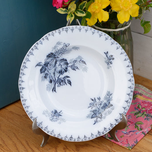 1880s/1900s ~ "FLORE" Sarreguemines U&C ~  French Antique Ironstone DARK Blue Transferware Soup Plate 22 cm ~ Scalloped Edge Terre de Fer