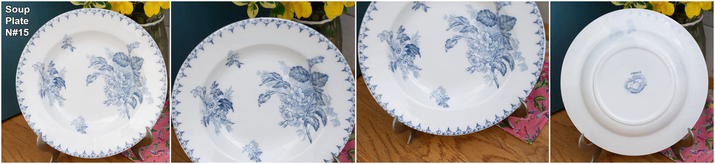 Années 1880/1900 ~ « FLORE » Sarreguemines U&amp;C ~ Français Antique Ironstone Blue Transferware Soup Plate ~ Terre de Fer