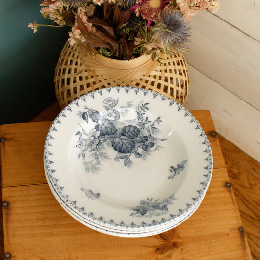 1880s/1900s ~ "FLORE" Sarreguemines U&C ~ French Antique Ironstone Blue Transferware Soup Plate ~ Terre de Fer LOT 2