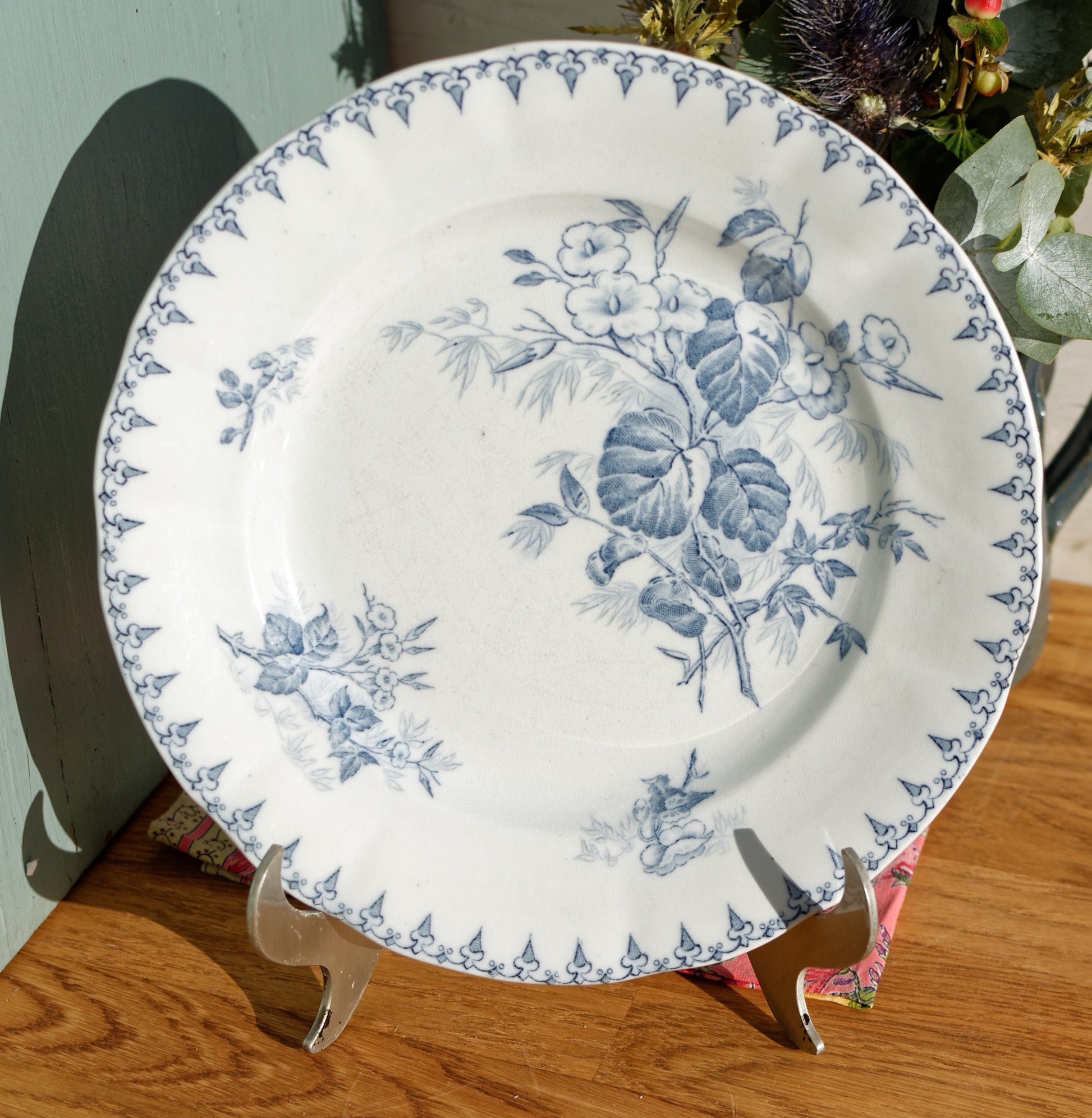 FLORE Sarreguemines U&C French Antique Ironstone Blue Transferware Dinner Plate Scalloped Edge Terre de Fer