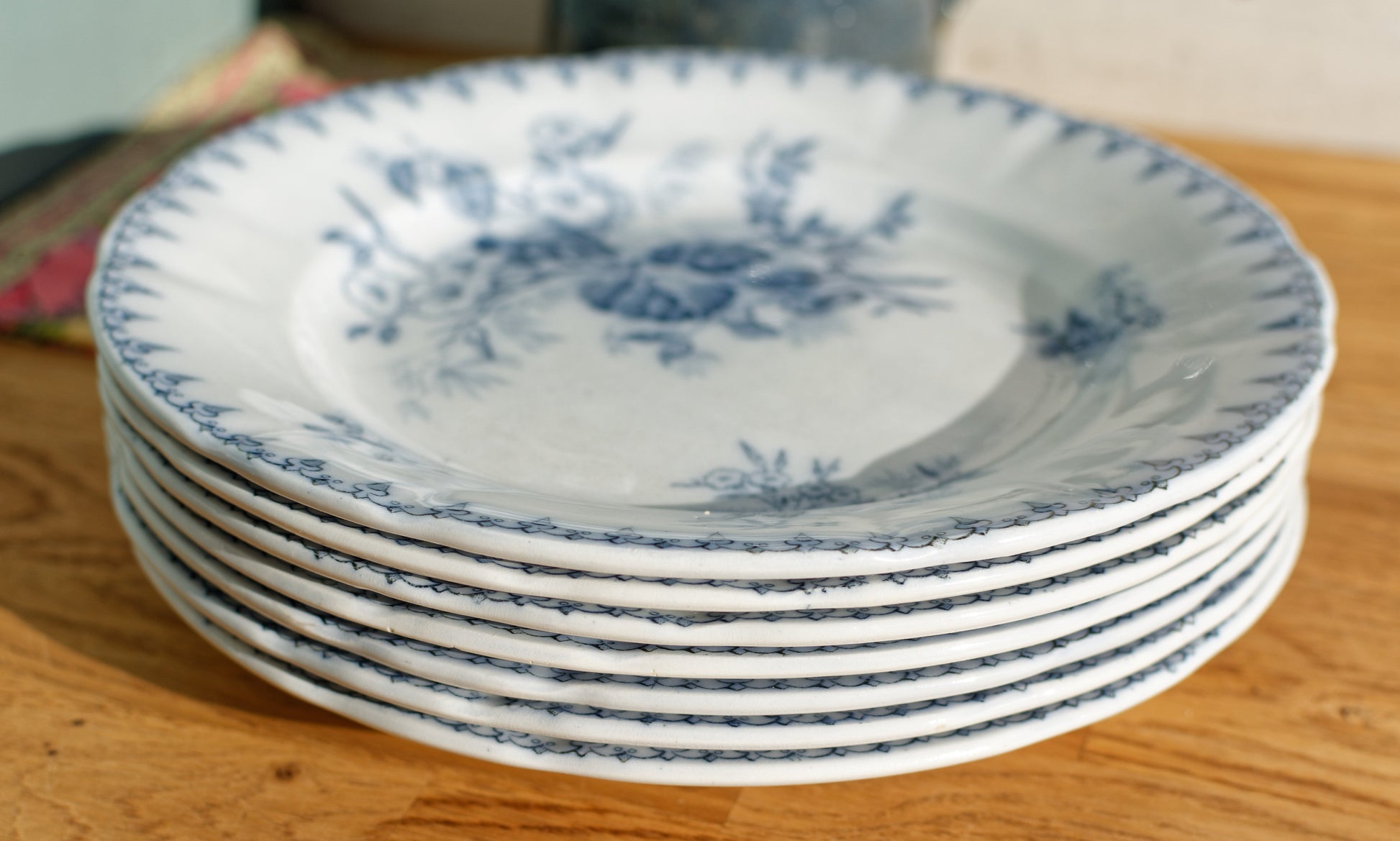 FLORE Sarreguemines U&C French Antique Ironstone Blue Transferware Dinner Plate Scalloped Edge Terre de Fer