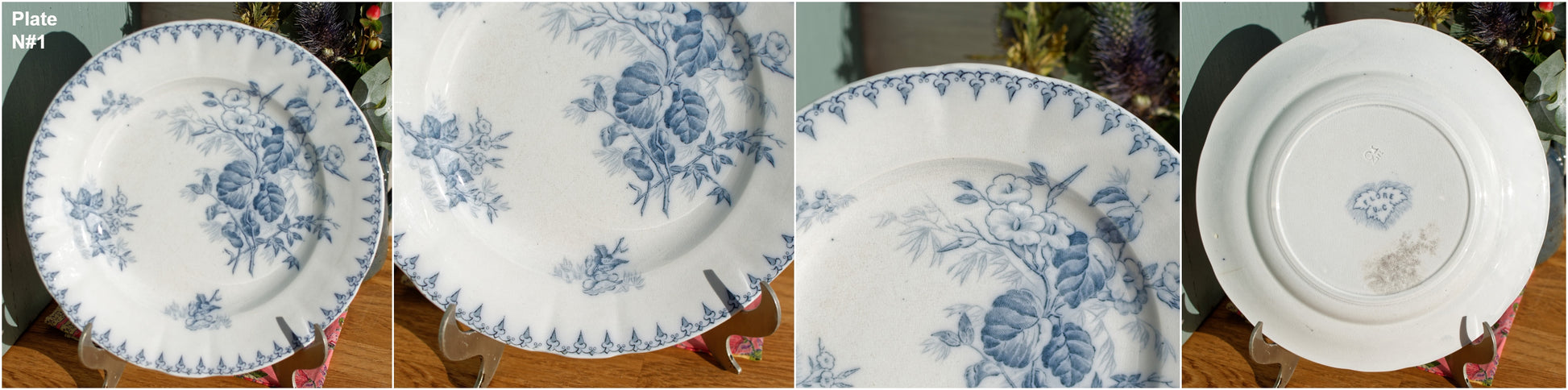 FLORE Sarreguemines U&C French Antique Ironstone Blue Transferware Dinner Plate Scalloped Edge Terre de Fer