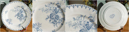 FLORE Sarreguemines U&C French Antique Ironstone Blue Transferware Dinner Plate Scalloped Edge Terre de Fer