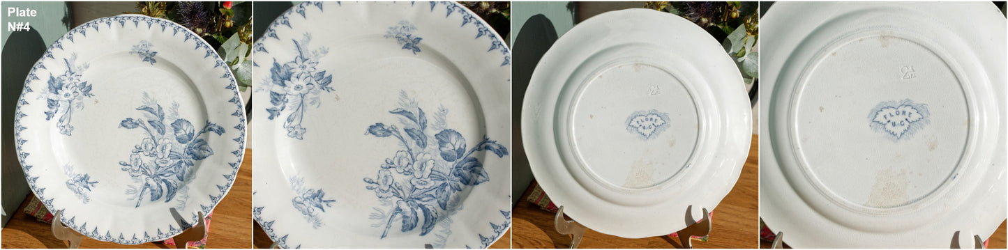 FLORE Sarreguemines U&C French Antique Ironstone Blue Transferware Dinner Plate Scalloped Edge Terre de Fer