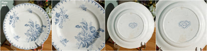 FLORE Sarreguemines U&C French Antique Ironstone Blue Transferware Dinner Plate Scalloped Edge Terre de Fer