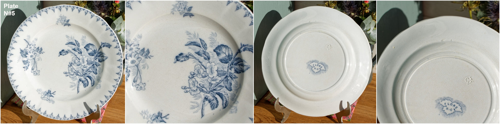 FLORE Sarreguemines U&C French Antique Ironstone Blue Transferware Dinner Plate Scalloped Edge Terre de Fer