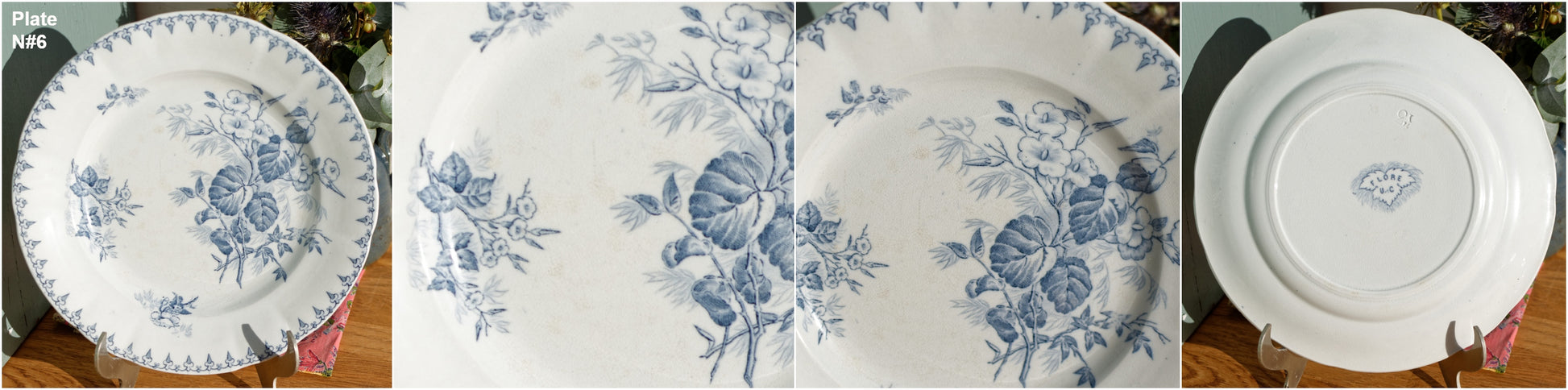 FLORE Sarreguemines U&C French Antique Ironstone Blue Transferware Dinner Plate Scalloped Edge Terre de Fer