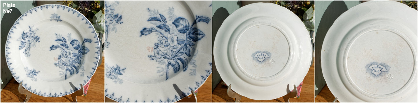 FLORE Sarreguemines U&C French Antique Ironstone Blue Transferware Dinner Plate Scalloped Edge Terre de Fer