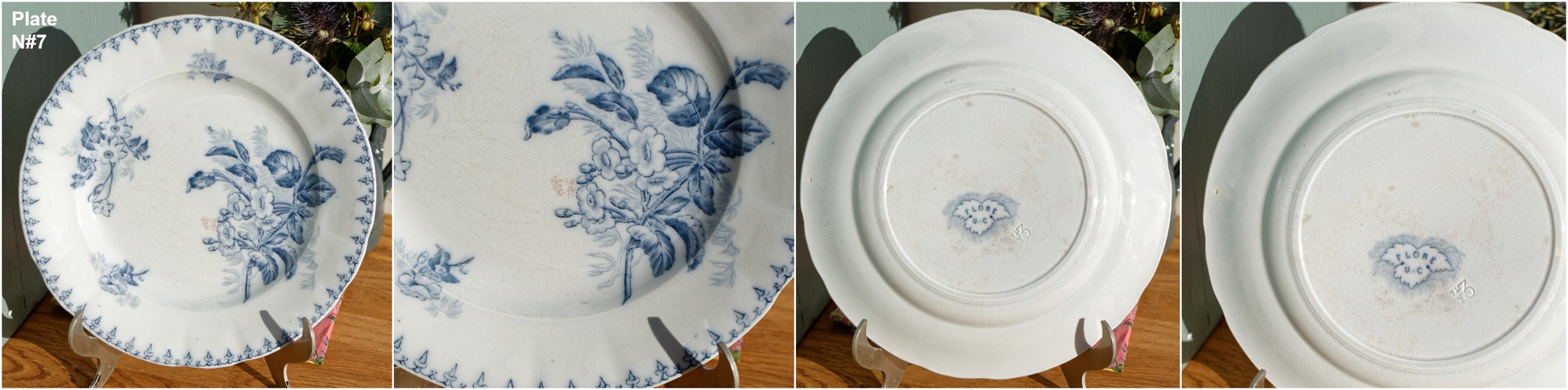 FLORE Sarreguemines U&C French Antique Ironstone Blue Transferware Dinner Plate Scalloped Edge Terre de Fer