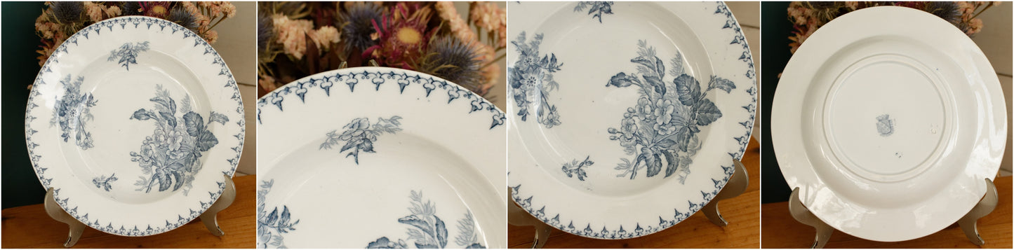 1880s/1900s ~ "FLORE" Sarreguemines U&C ~ French Antique Ironstone Blue Transferware Soup Plate ~ Terre de Fer LOT 2