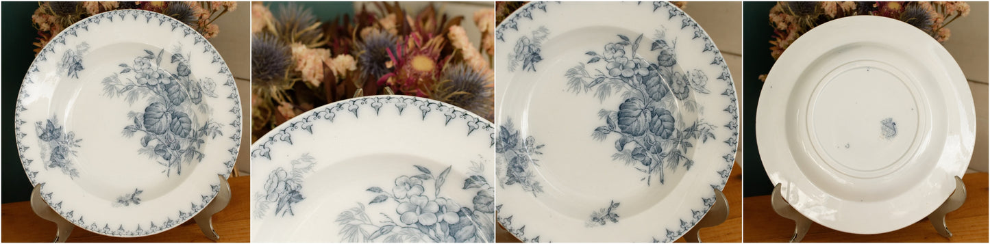 1880s/1900s ~ "FLORE" Sarreguemines U&C ~ French Antique Ironstone Blue Transferware Soup Plate ~ Terre de Fer LOT 2