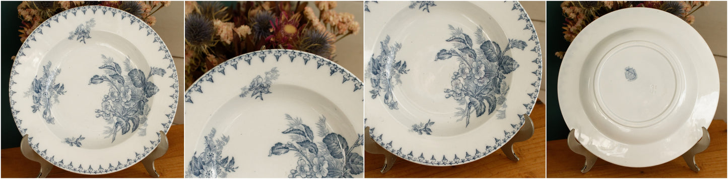1880s/1900s ~ "FLORE" Sarreguemines U&C ~ French Antique Ironstone Blue Transferware Soup Plate ~ Terre de Fer LOT 2