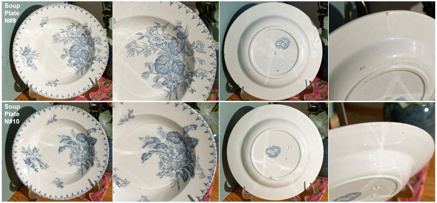 FLORE Sarreguemines U&C French Antique Ironstone Blue Transferware Soup Plate Terre de Fer