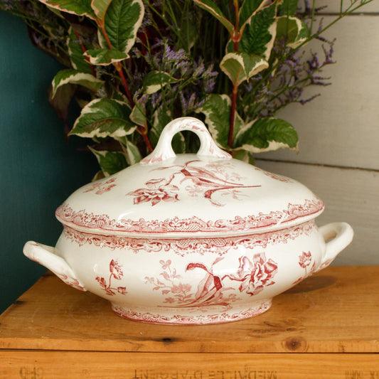 FONTANGES SARREGUEMINES U&C French Antique Ironstone Red Transferware Soup Tureen Soupiere Terre de Fer Faience