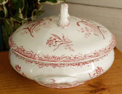 FONTANGES SARREGUEMINES U&C French Antique Ironstone Red Transferware Soup Tureen Soupiere Terre de Fer Faience