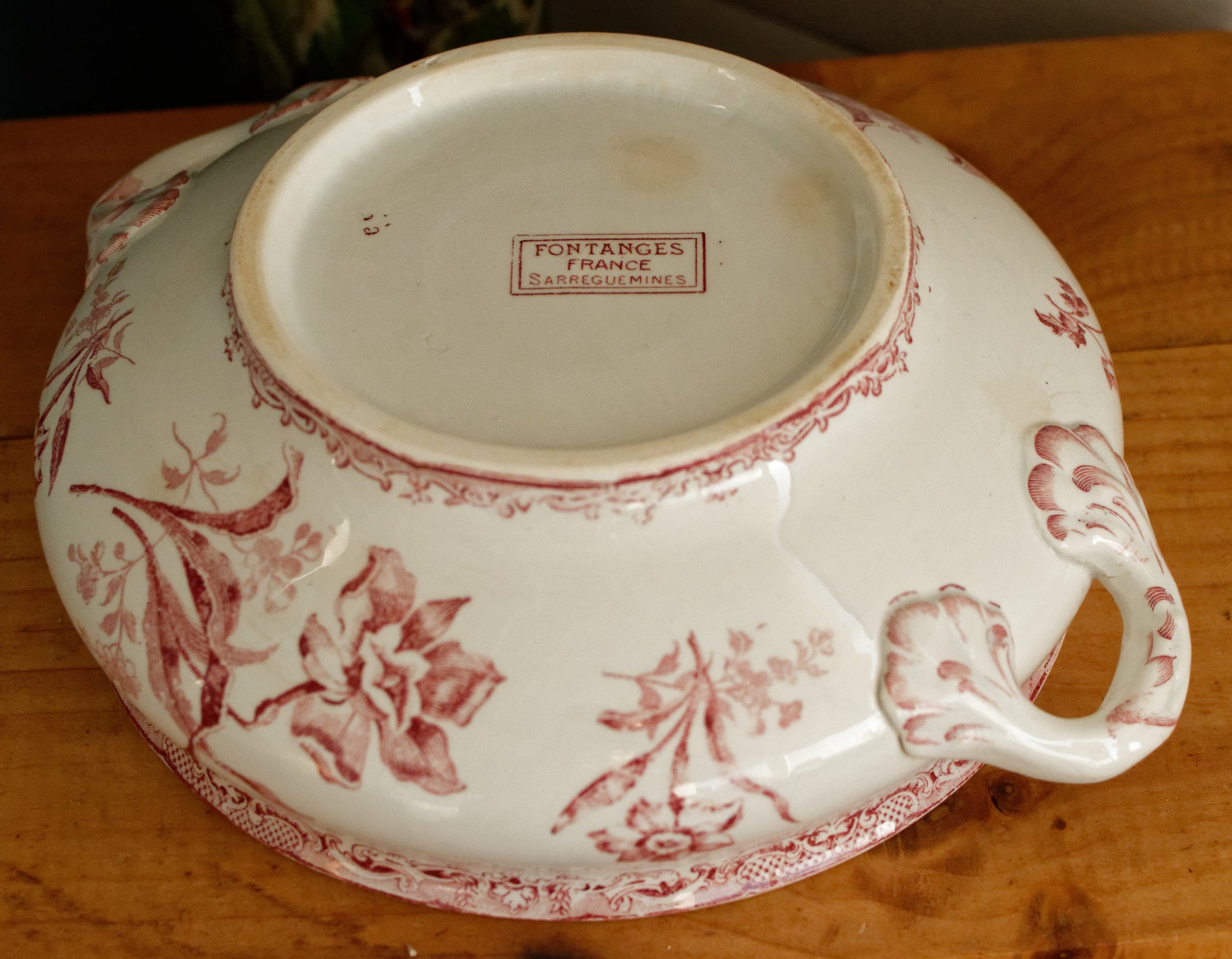 FONTANGES SARREGUEMINES U&C French Antique Ironstone Red Transferware Soup Tureen Soupiere Terre de Fer Faience