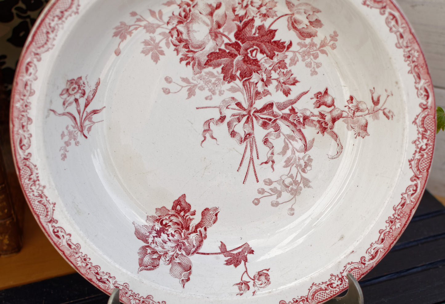 FONTANGES Sarreguemines French Antique Ironstone Red Transferware Round Serving Bowl Creux Terre de Fer