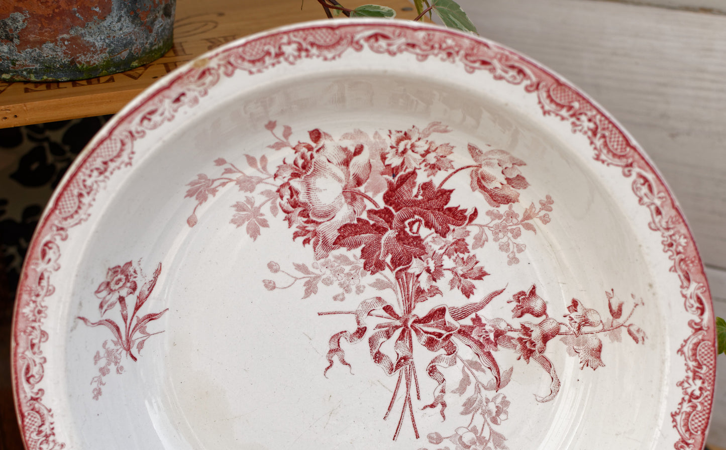 FONTANGES Sarreguemines French Antique Ironstone Red Transferware Round Serving Bowl Creux Terre de Fer