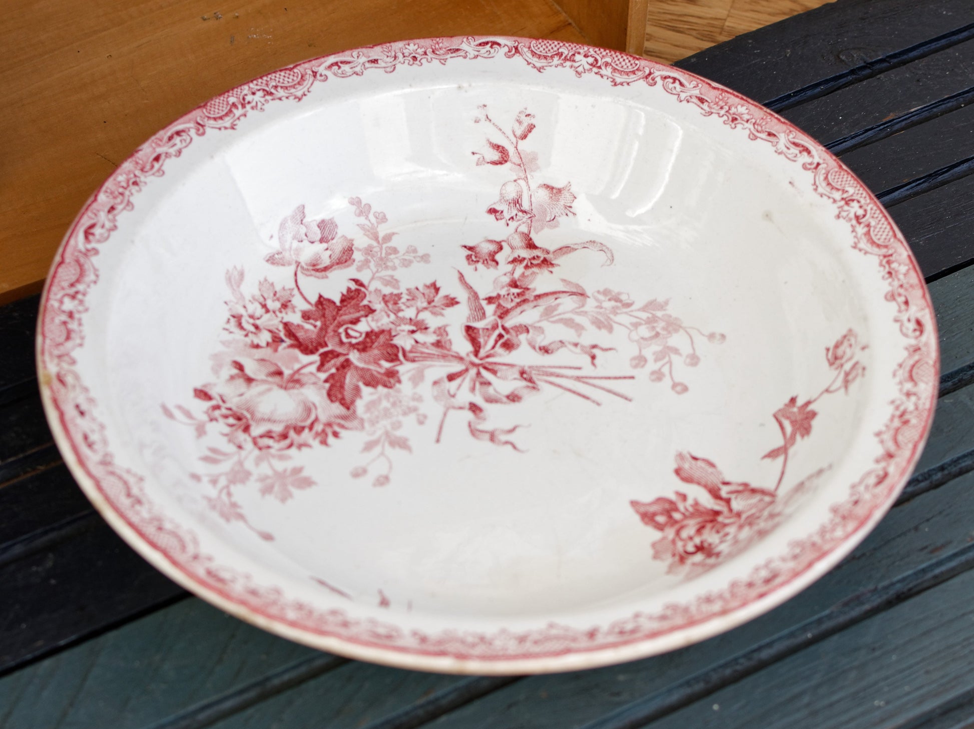 FONTANGES Sarreguemines French Antique Ironstone Red Transferware Round Serving Bowl Creux Terre de Fer