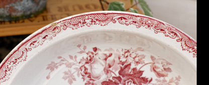 FONTANGES Sarreguemines French Antique Ironstone Red Transferware Round Serving Bowl Creux Terre de Fer