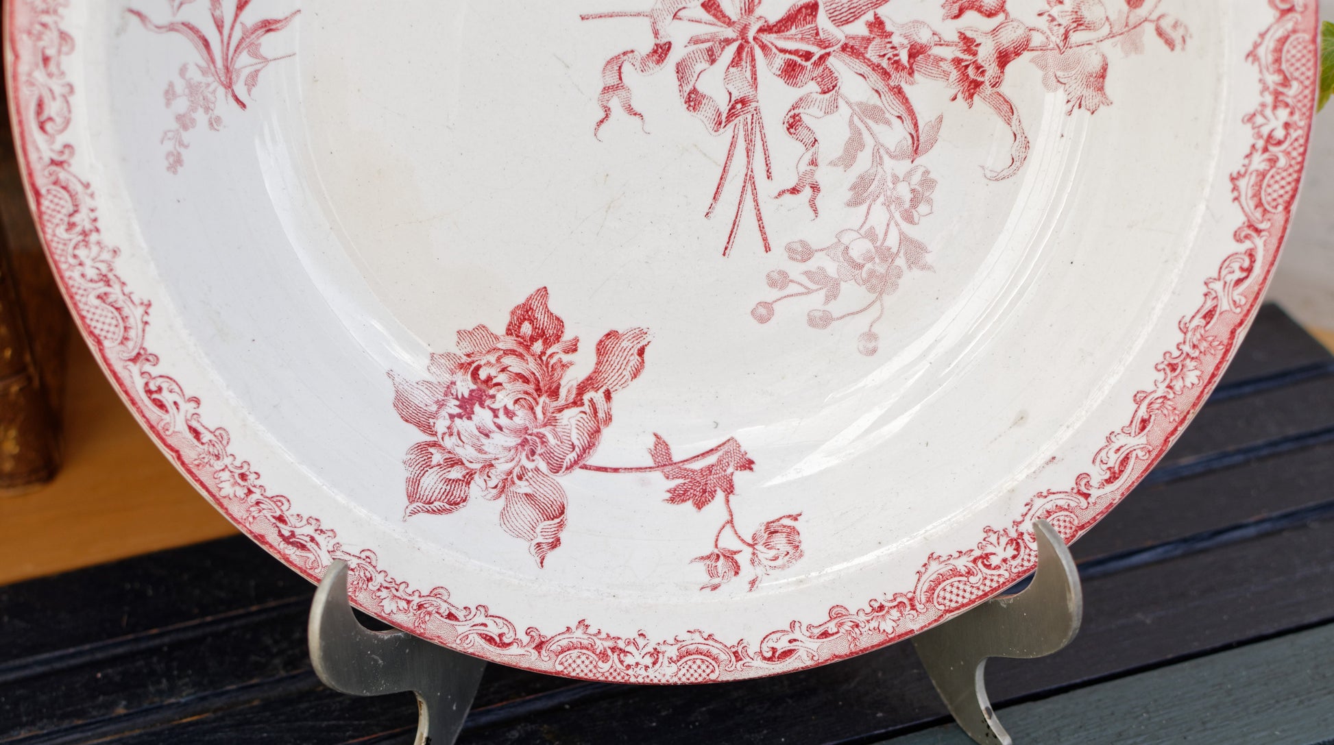 FONTANGES Sarreguemines French Antique Ironstone Red Transferware Round Serving Bowl Creux Terre de Fer