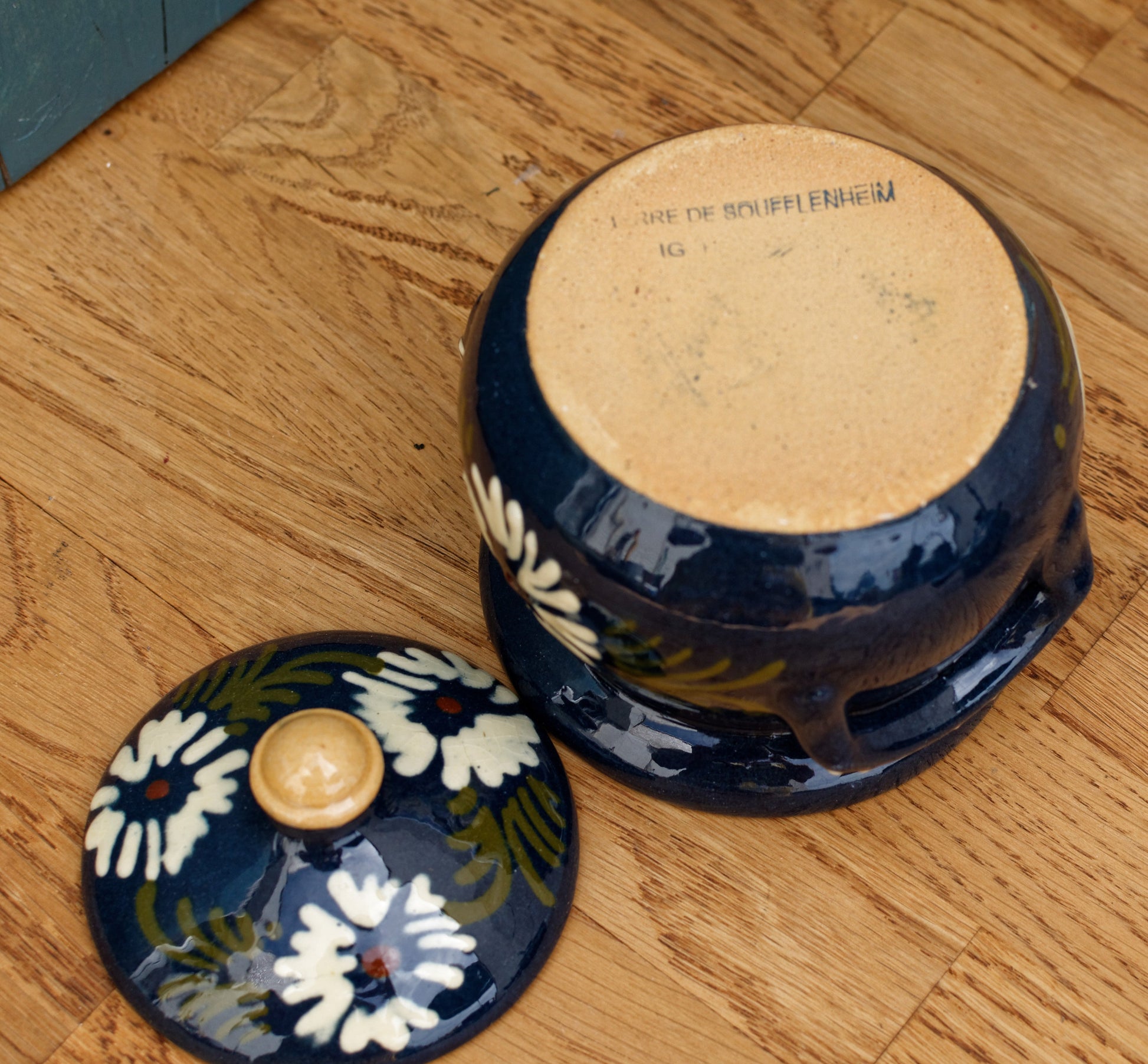 French Vintage Blue & Green Glazed Stoneware Covered Pot "POELON" Marmite ALSACE Terre de SOUFFLENHEIM IG FRIEDMANN Glazed Enameled Terre Cuites Vernissee