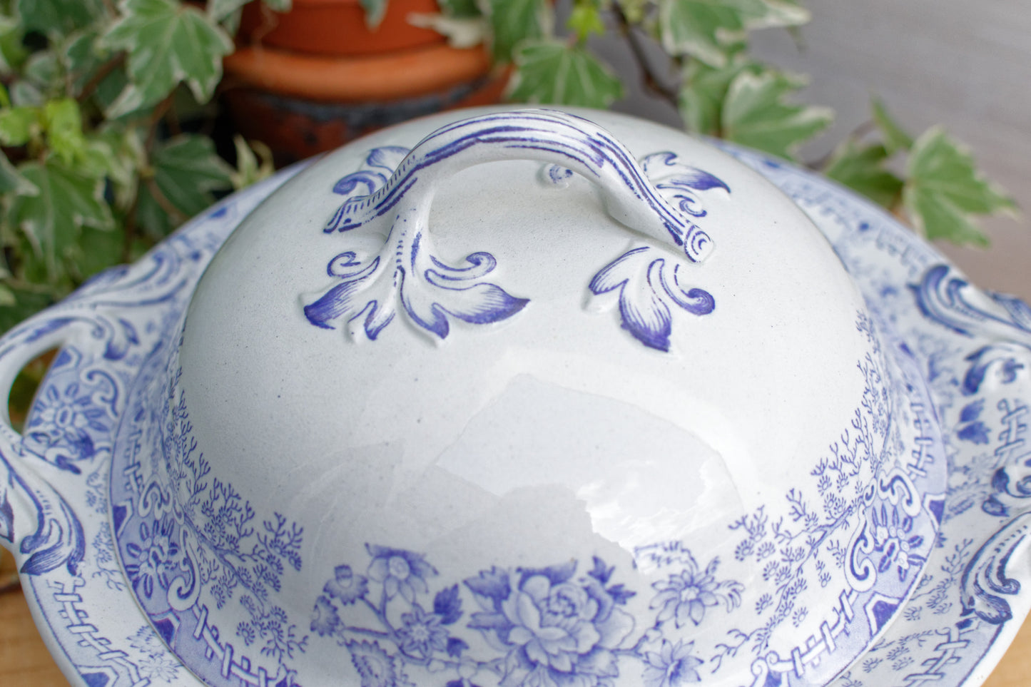 CHINESE PAGODA B.T.P & Co French Antique Ironstone Porcelain Lavender Transferware Covered Serving Plate Cloche ou Compotier Terre de Fer en Faience