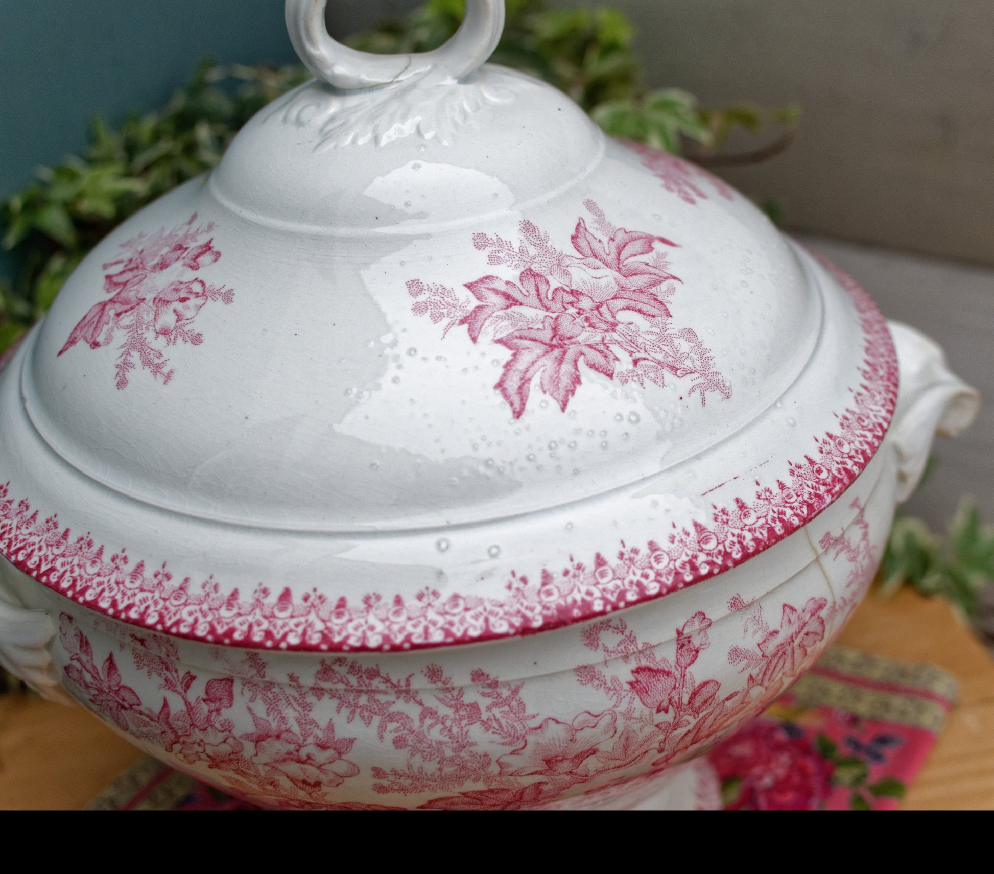 French Ironstone Terre de Fer Red Transferware Soup Tureen Soupiere ONNAING Eglantines