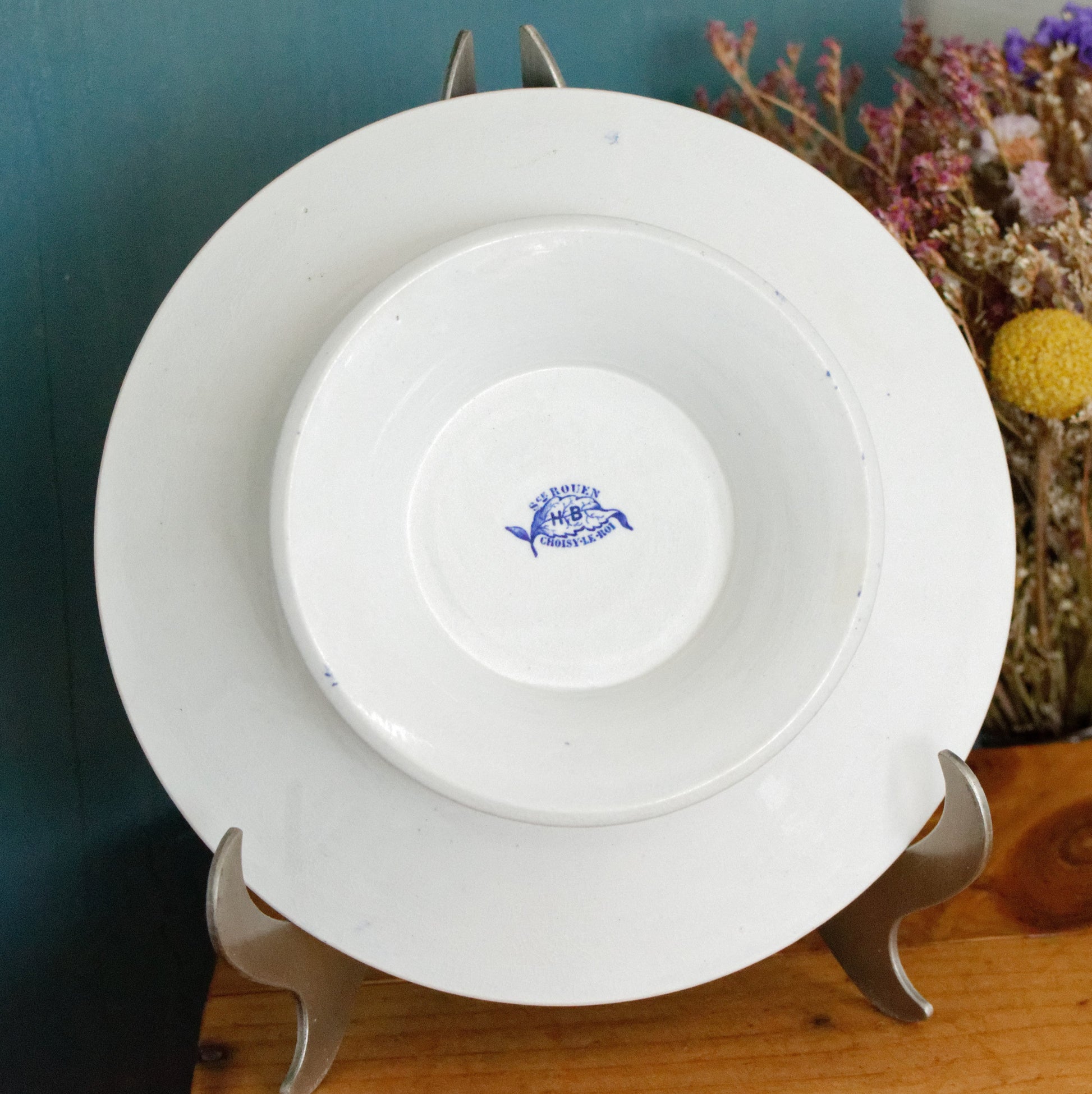 Sce ROUEN CHOISY LE ROI HB & Cie Terre de Fer French Antique Ironstone Blue Transferware Footed Cake Plate Birds & Butterflies Faïence