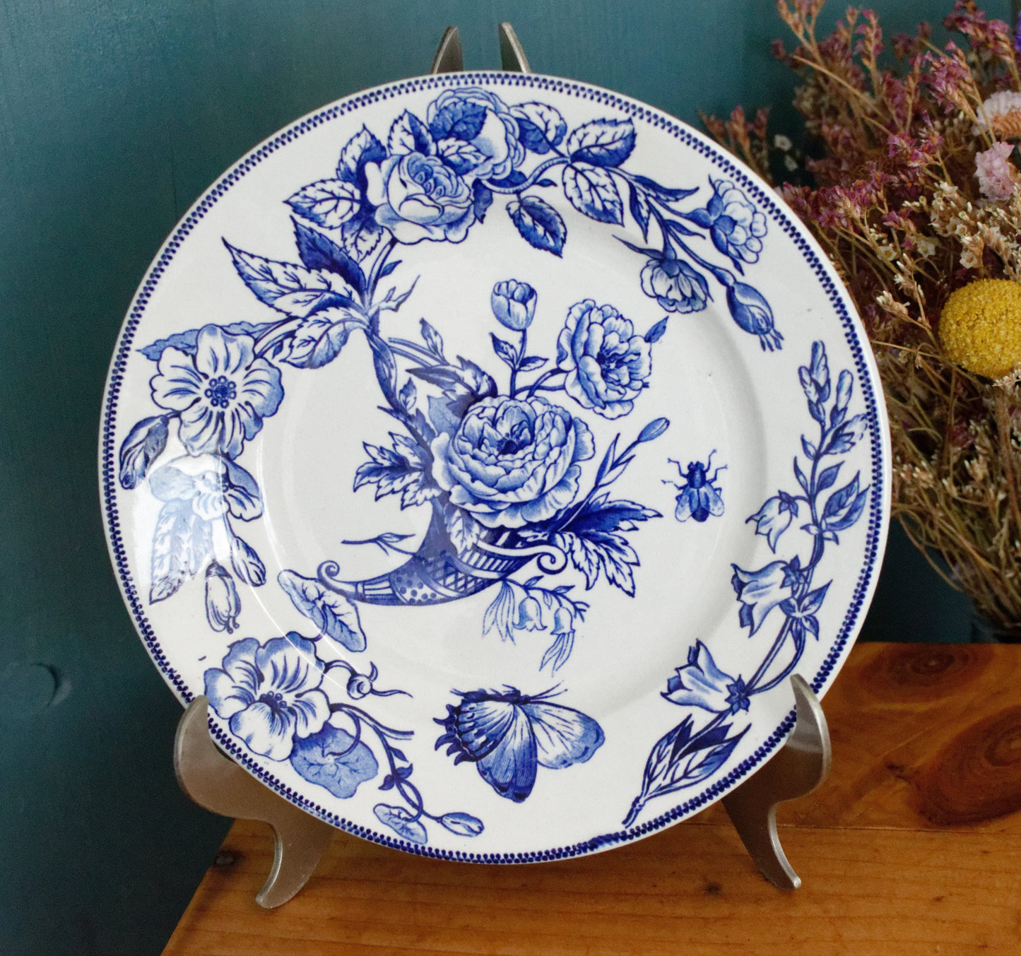 Sce ROUEN CHOISY LE ROI HB & Cie Terre de Fer French Antique Ironstone Blue Transferware Footed Cake Plate Birds & Butterflies Faïence