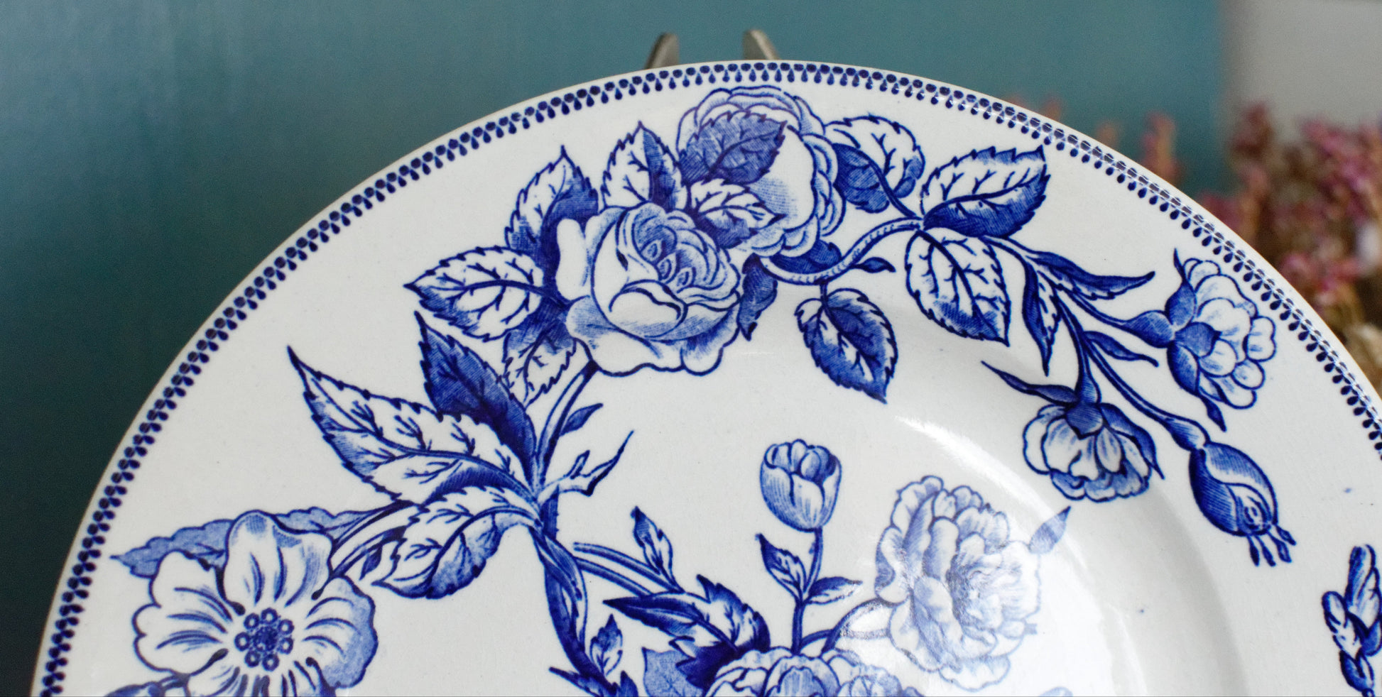 Sce ROUEN CHOISY LE ROI HB & Cie Terre de Fer French Antique Ironstone Blue Transferware Footed Cake Plate Birds & Butterflies Faïence