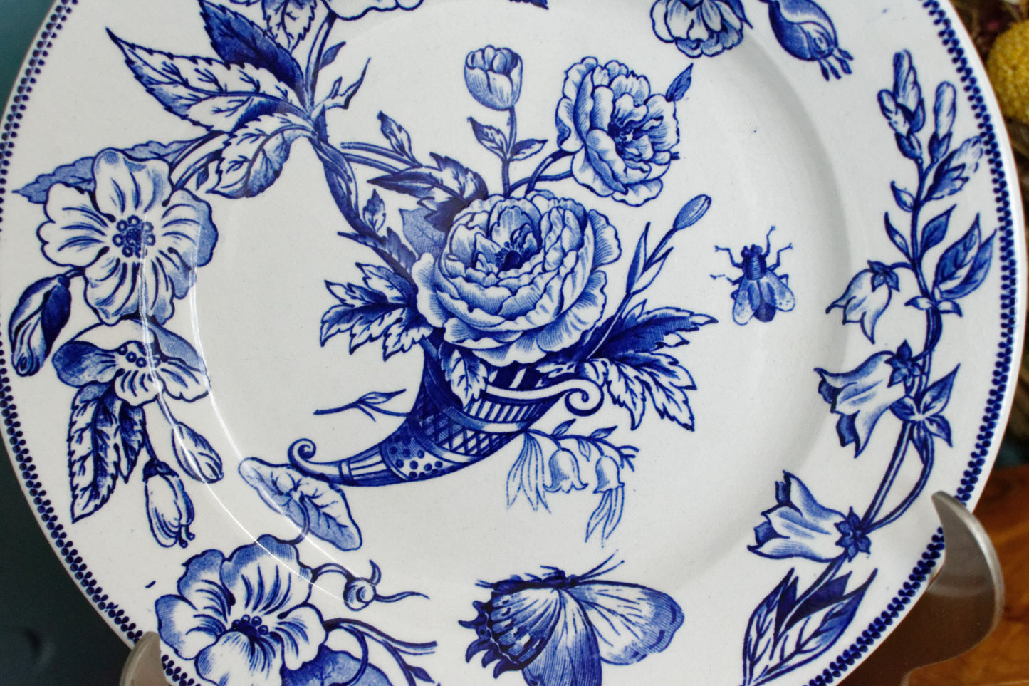 Sce ROUEN CHOISY LE ROI HB & Cie Terre de Fer French Antique Ironstone Blue Transferware Footed Cake Plate Birds & Butterflies Faïence