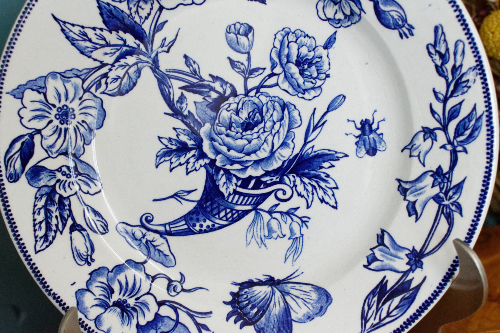 Sce ROUEN CHOISY LE ROI HB & Cie Terre de Fer French Antique Ironstone Blue Transferware Footed Cake Plate Birds & Butterflies Faïence