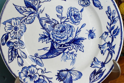 Sce ROUEN CHOISY LE ROI HB & Cie Terre de Fer French Antique Ironstone Blue Transferware Footed Cake Plate Birds & Butterflies Faïence