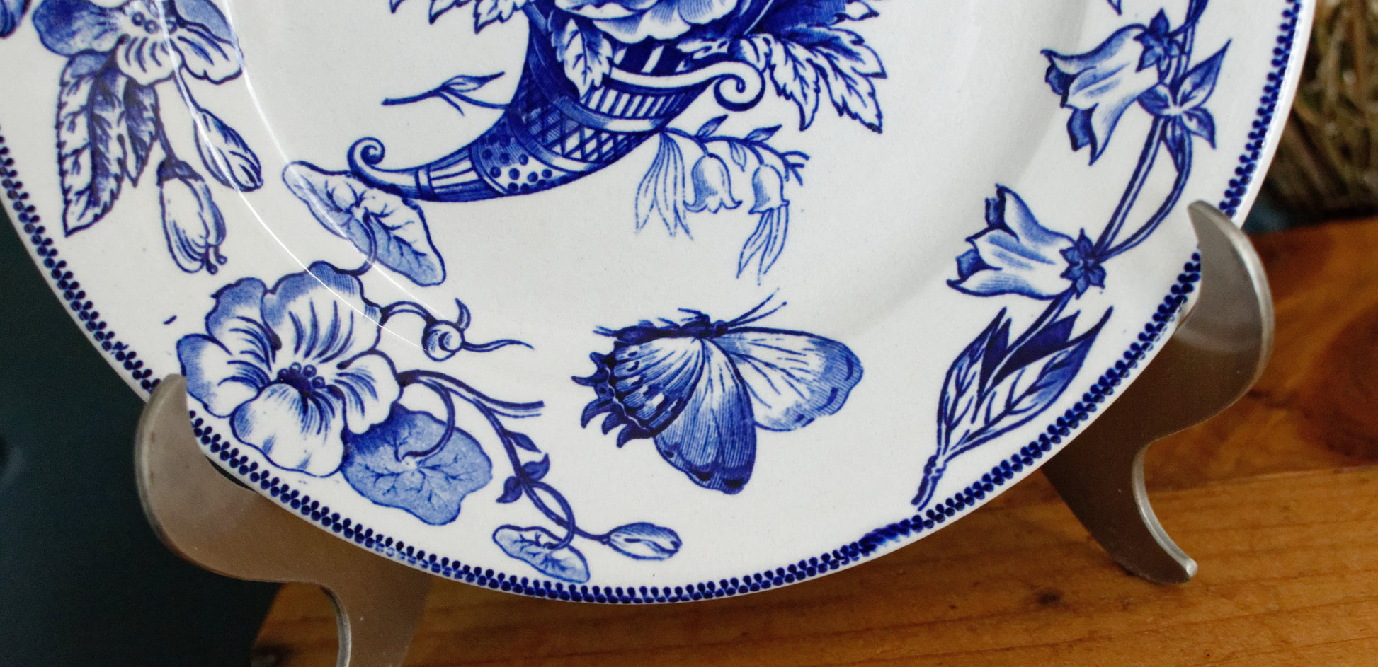 Sce ROUEN CHOISY LE ROI HB & Cie Terre de Fer French Antique Ironstone Blue Transferware Footed Cake Plate Birds & Butterflies Faïence