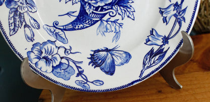 Sce ROUEN CHOISY LE ROI HB & Cie Terre de Fer French Antique Ironstone Blue Transferware Footed Cake Plate Birds & Butterflies Faïence